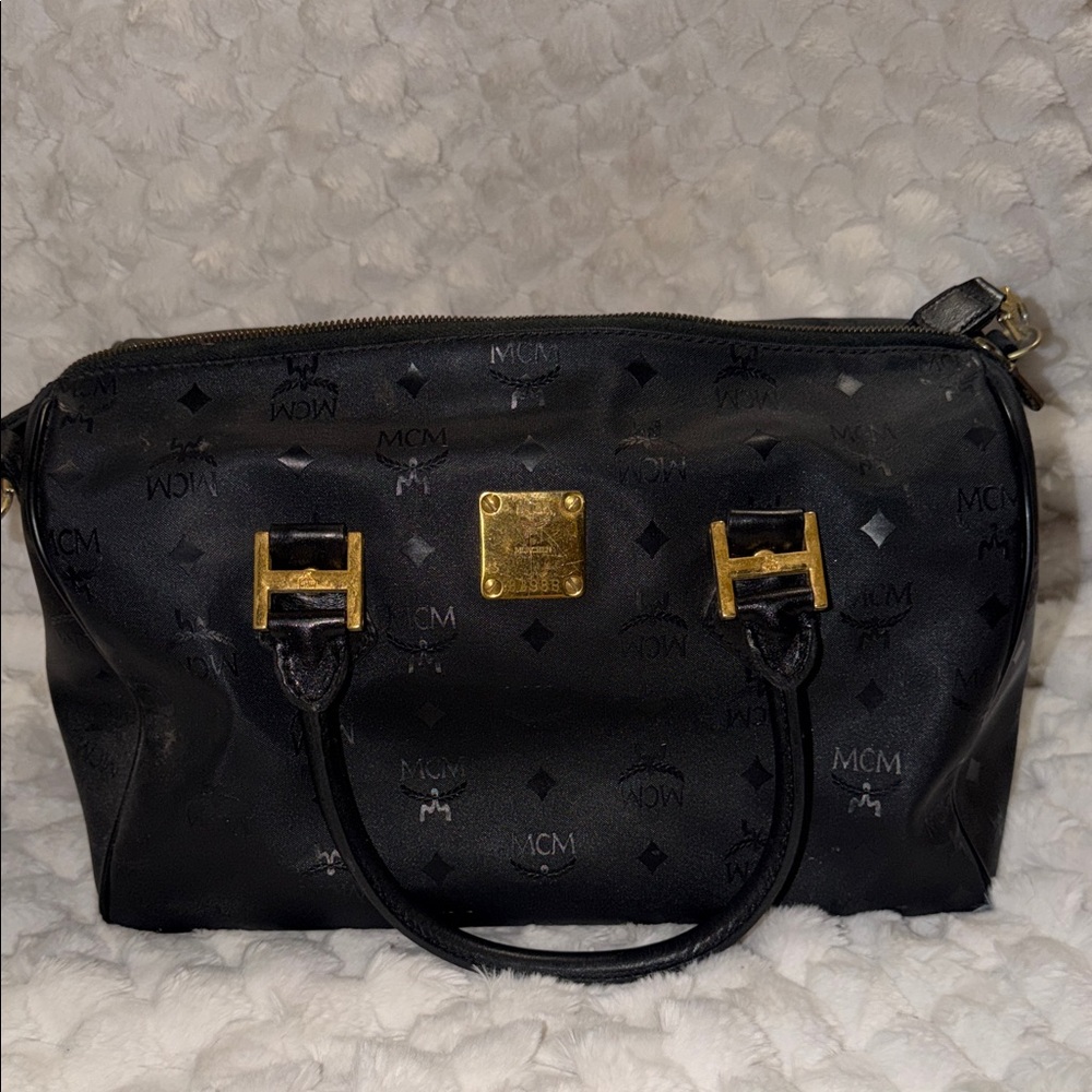 MCM Black Satchel with Gold Accents